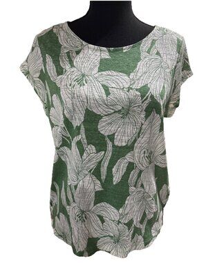 TAHARI 100% Linen Boxy Green White Floral Top Size M